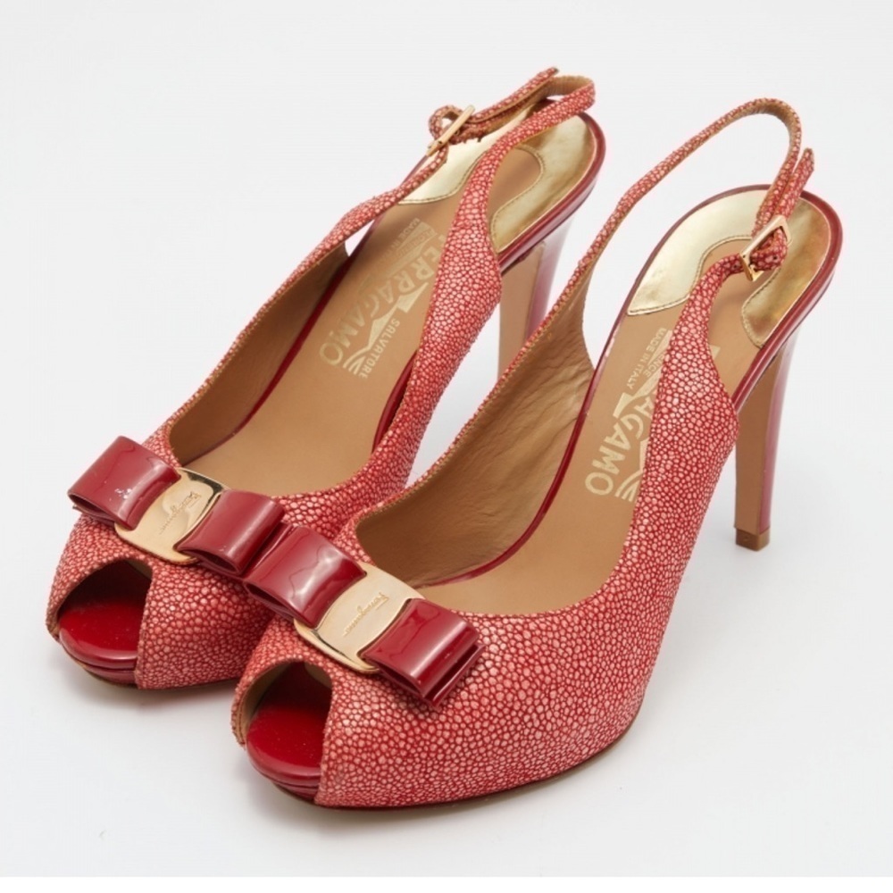 New Ferragamo Orange suede bow peep toe sling back sandals